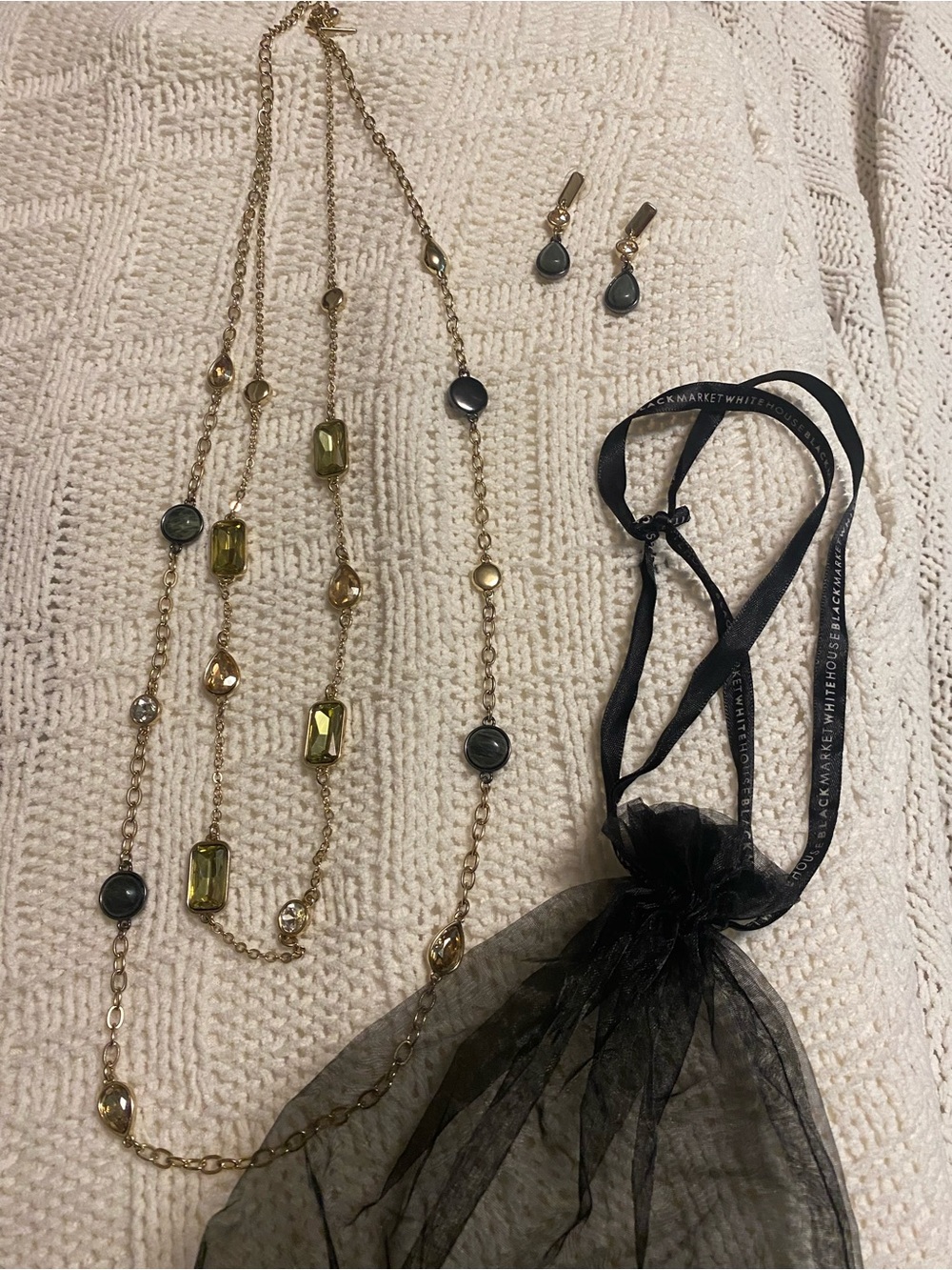 White House Black Market Gold-Tone Layered Necklace with Olive and Gray Accents